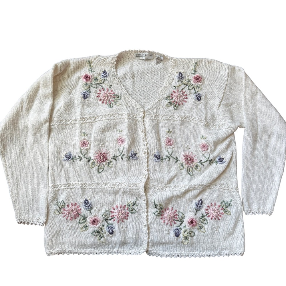 VTG Carolynβ Taylor Floral Embroidered Pearl Cardigan Sweater White L Grannycore